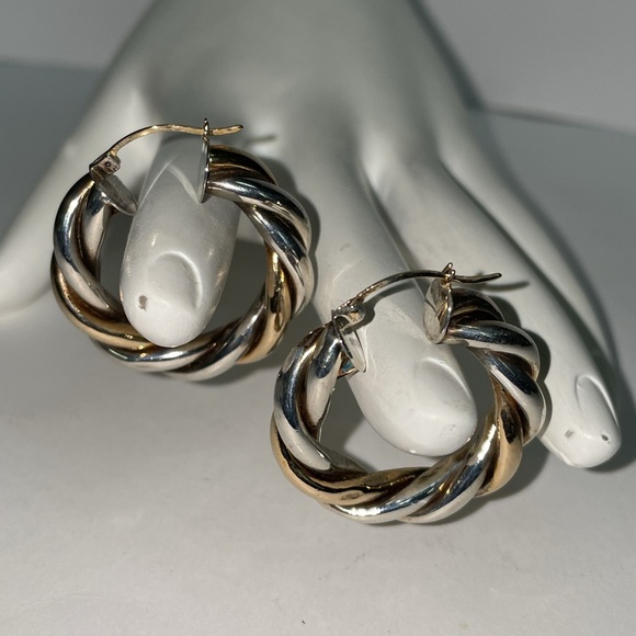 Solid 14K Yellow Gold & 925 Sterling Silver Twisted Rope Cable Hoop Earrings - Picture 3 of 12